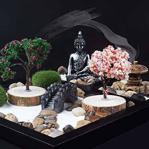 Melonva Sakura Budah Mini Zen Garden 9" x 7" | Desktop Meditation Decor with White Sand & Bonsai thumbnail 4