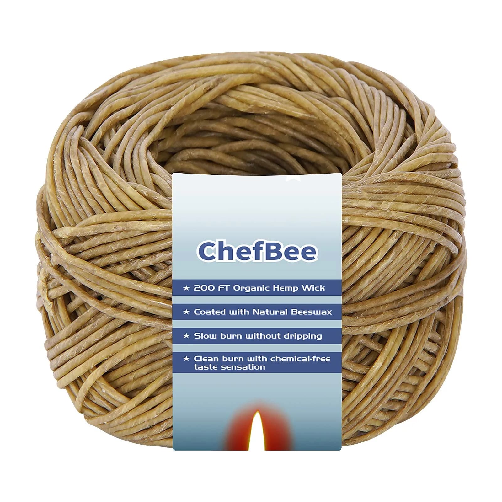 CHEFBEE Organic Hemp Wick with Natural Beeswax Coating 200ft (60.96m) | Slow Burn, Less Ash — Brown