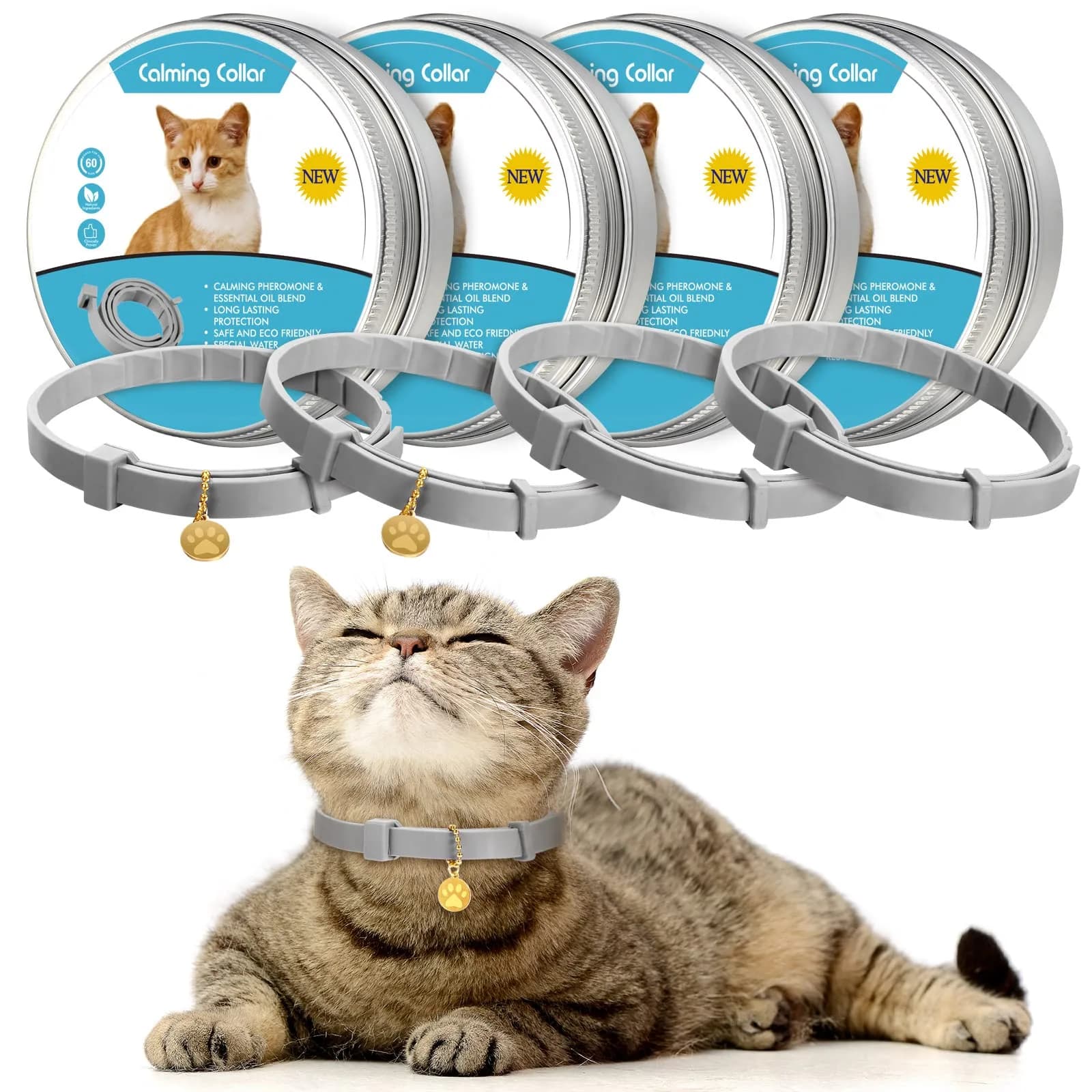 Weewooday 4pcs Cat Calming Collar with Pheromones, 38cm (15 Inches) | Reduces Anxiety & Aggression — Grey, Silver