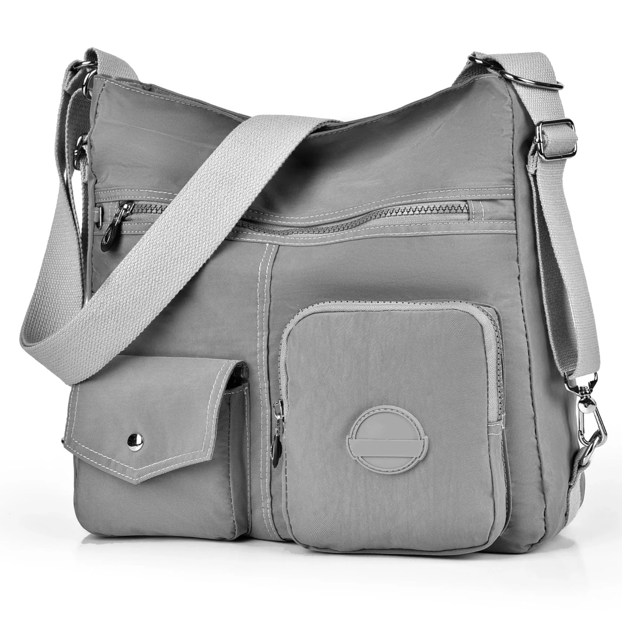Dora & Liz Hobo Purse for Women, Nylon Crossbody Shoulder Handbag Convertible Backpack, Grey (33.6cm x 9.7cm x 26.5cm) — Grey