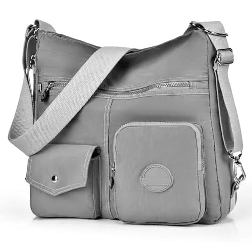 Dora & Liz Hobo Purse for Women, Nylon Crossbody Shoulder Handbag Convertible Backpack, Grey (33.6cm x 9.7cm x 26.5cm) thumbnail 1