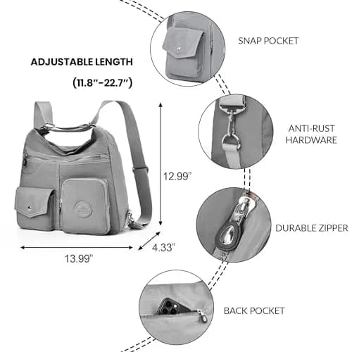 Dora & Liz Hobo Purse for Women, Nylon Crossbody Shoulder Handbag Convertible Backpack, Grey (33.6cm x 9.7cm x 26.5cm) thumbnail 4