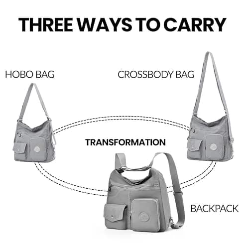 Dora & Liz Hobo Purse for Women, Nylon Crossbody Shoulder Handbag Convertible Backpack, Grey (33.6cm x 9.7cm x 26.5cm) thumbnail 6