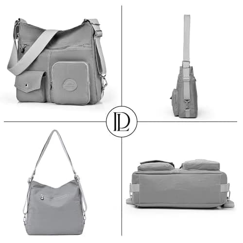 Dora & Liz Hobo Purse for Women, Nylon Crossbody Shoulder Handbag Convertible Backpack, Grey (33.6cm x 9.7cm x 26.5cm) thumbnail 7