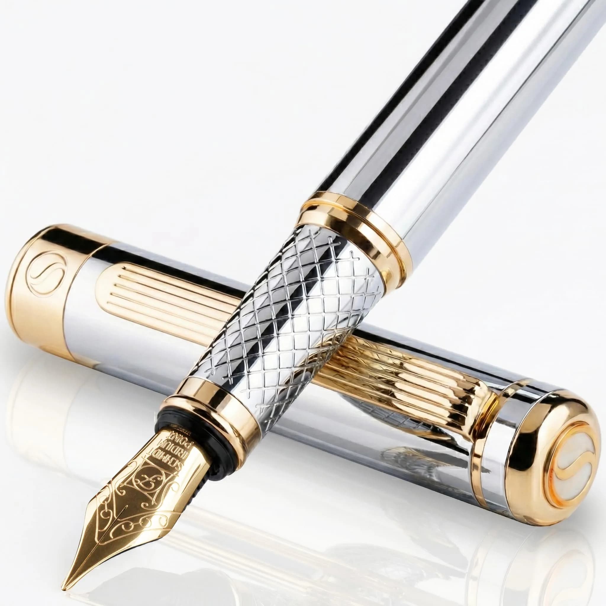 Scriveiner Silver Chrome Fountain Pen with Gold Finish Schmidt Nib (Medium) | Luxury Executive Pen for Professionals — 10. Silver Chrome with Gold