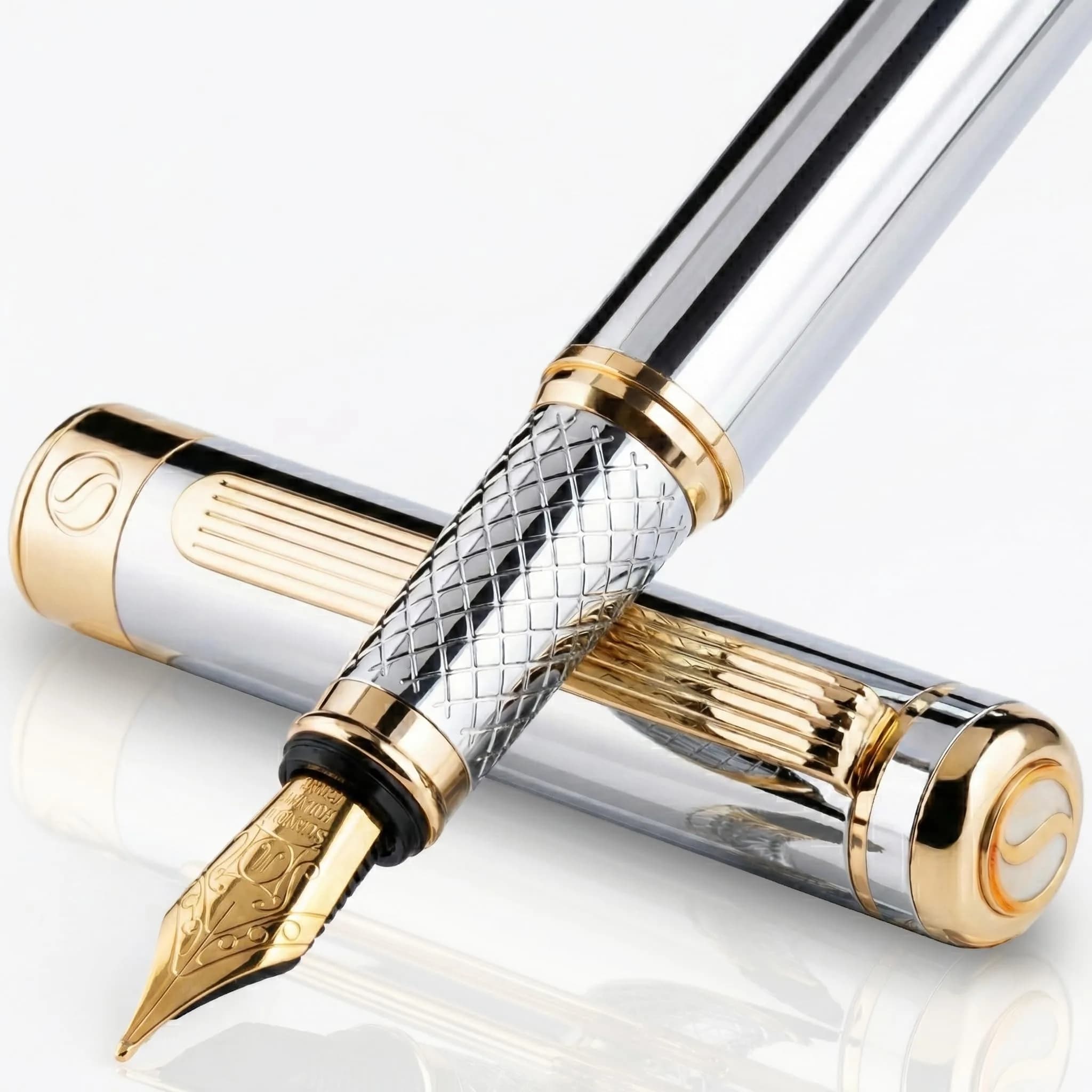 Scriveiner Fountain Pen Silver Chrome Gold Finish Broad Nib | Luxury Executive Office Pen