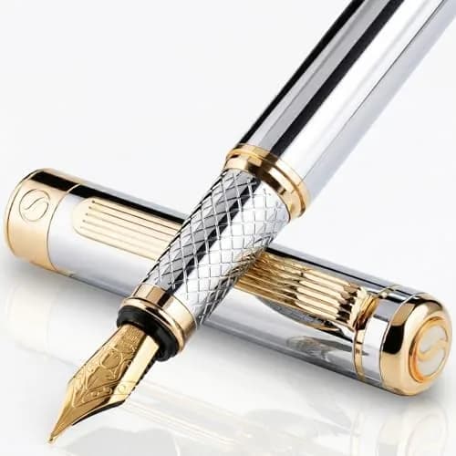 Scriveiner Fountain Pen Silver Chrome Gold Finish Broad Nib | Luxury Executive Office Pen thumbnail 1
