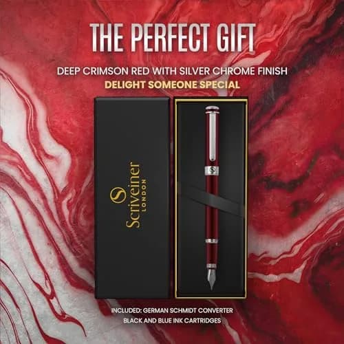 Scriveiner Deep Crimson Red Fountain Pen with Chrome Finish, Schmidt Nib (Medium) | Luxury Writing Instrument thumbnail 8