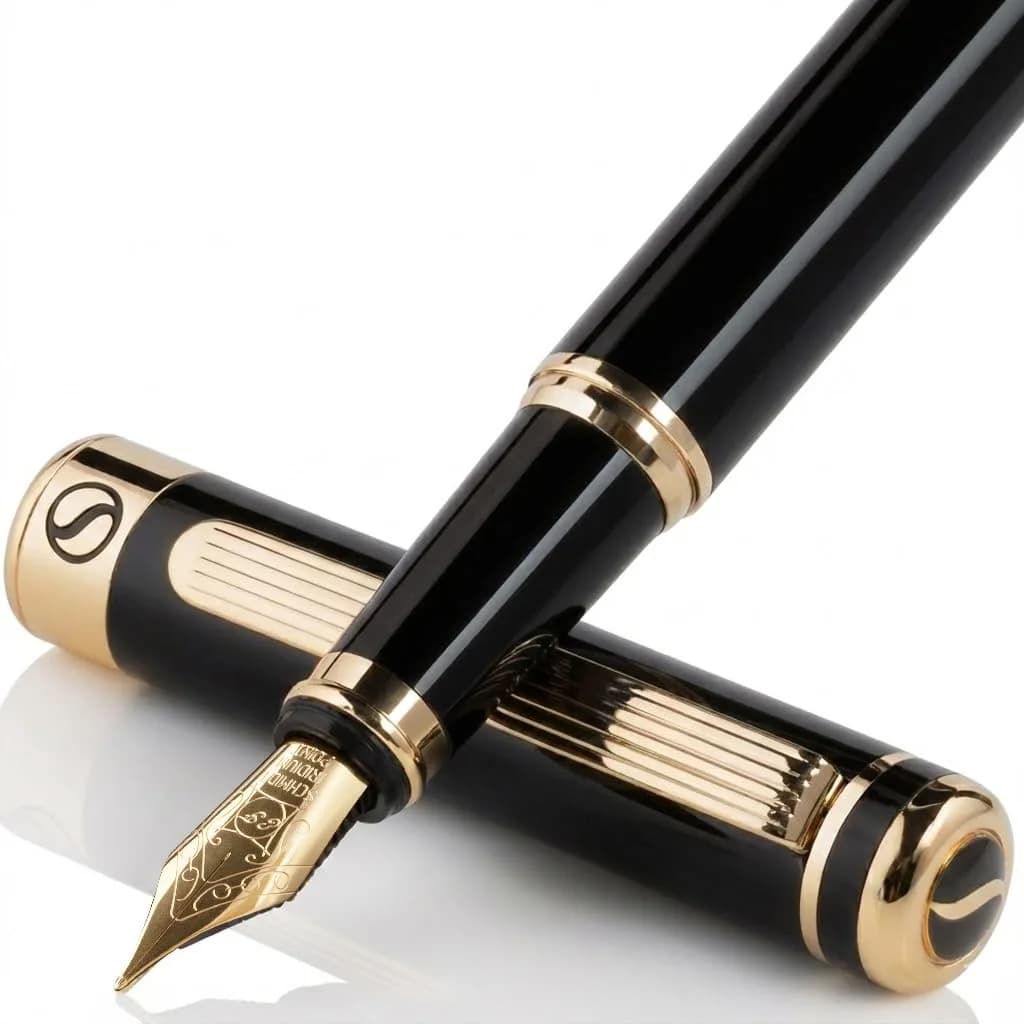 Scriveiner Fountain Pen - Black Lacquer, Gold Finish, Extra Fine Schmidt Nib, Converter, Gift Set (1 Count, UK Design)