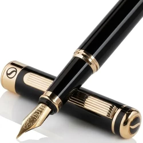 Scriveiner Fountain Pen - Black Lacquer, Gold Finish, Extra Fine Schmidt Nib, Converter, Gift Set (1 Count, UK Design) thumbnail 1
