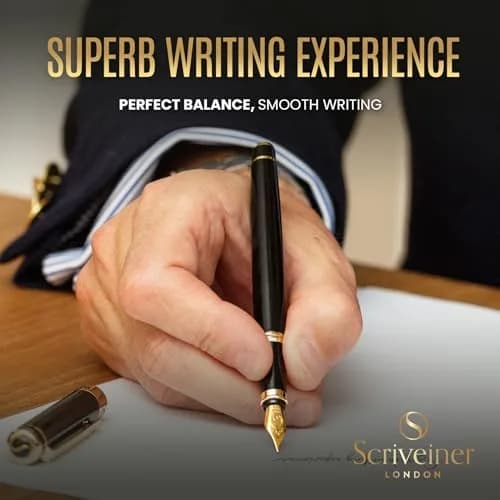 Scriveiner Fountain Pen - Black Lacquer, Gold Finish, Extra Fine Schmidt Nib, Converter, Gift Set (1 Count, UK Design) thumbnail 4