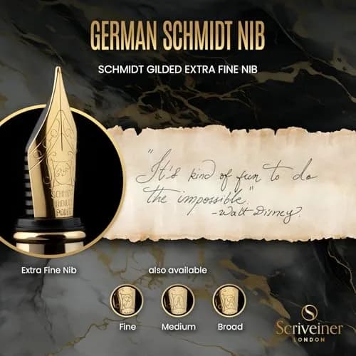 Scriveiner Fountain Pen - Black Lacquer, Gold Finish, Extra Fine Schmidt Nib, Converter, Gift Set (1 Count, UK Design) thumbnail 5