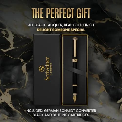 Scriveiner Fountain Pen - Black Lacquer, Gold Finish, Extra Fine Schmidt Nib, Converter, Gift Set (1 Count, UK Design) thumbnail 8