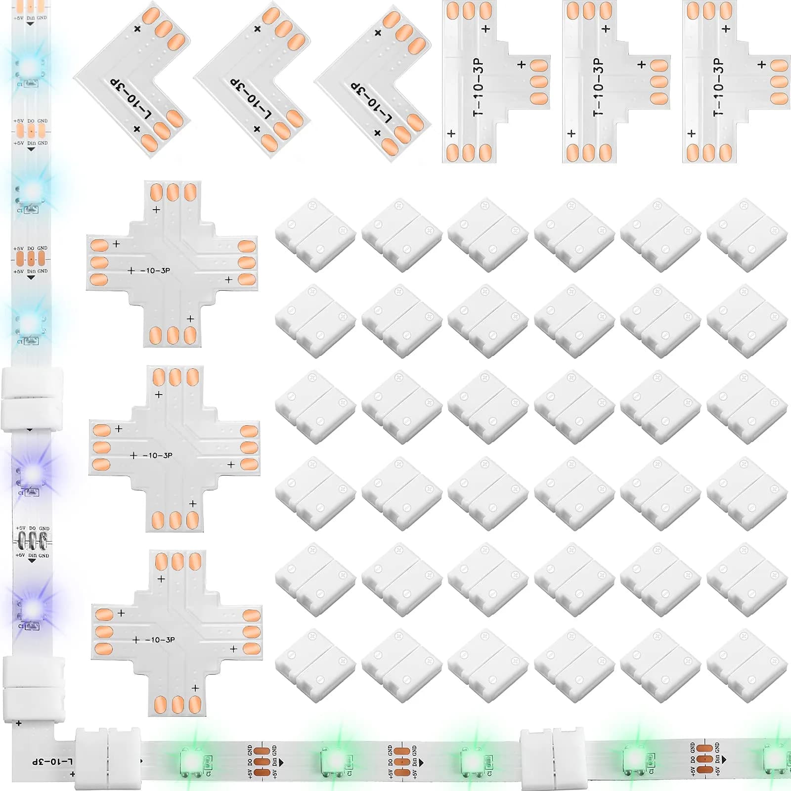 Honoson 48 Pcs 3 Pin Connectors Compatible with Ws2811 Ws2812b Sk6812 | No Soldering LED Strip Connectors, 10mm Interface - main product image