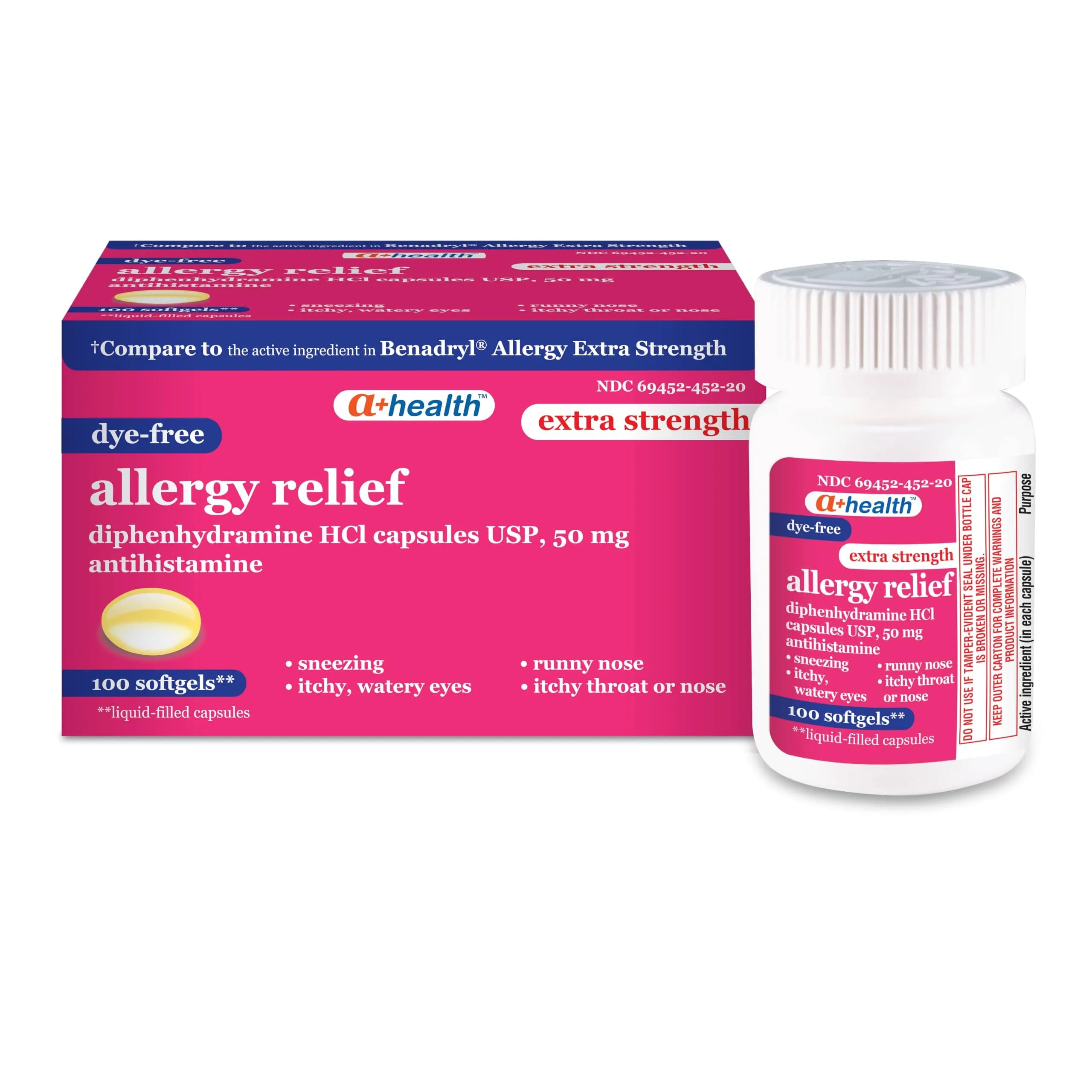 A+Health Dye Free Allergy Relief Diphenhydramine 50mg Softgels 100 Count | Dyes-Free Allergy Relief for Adults — Dye-free