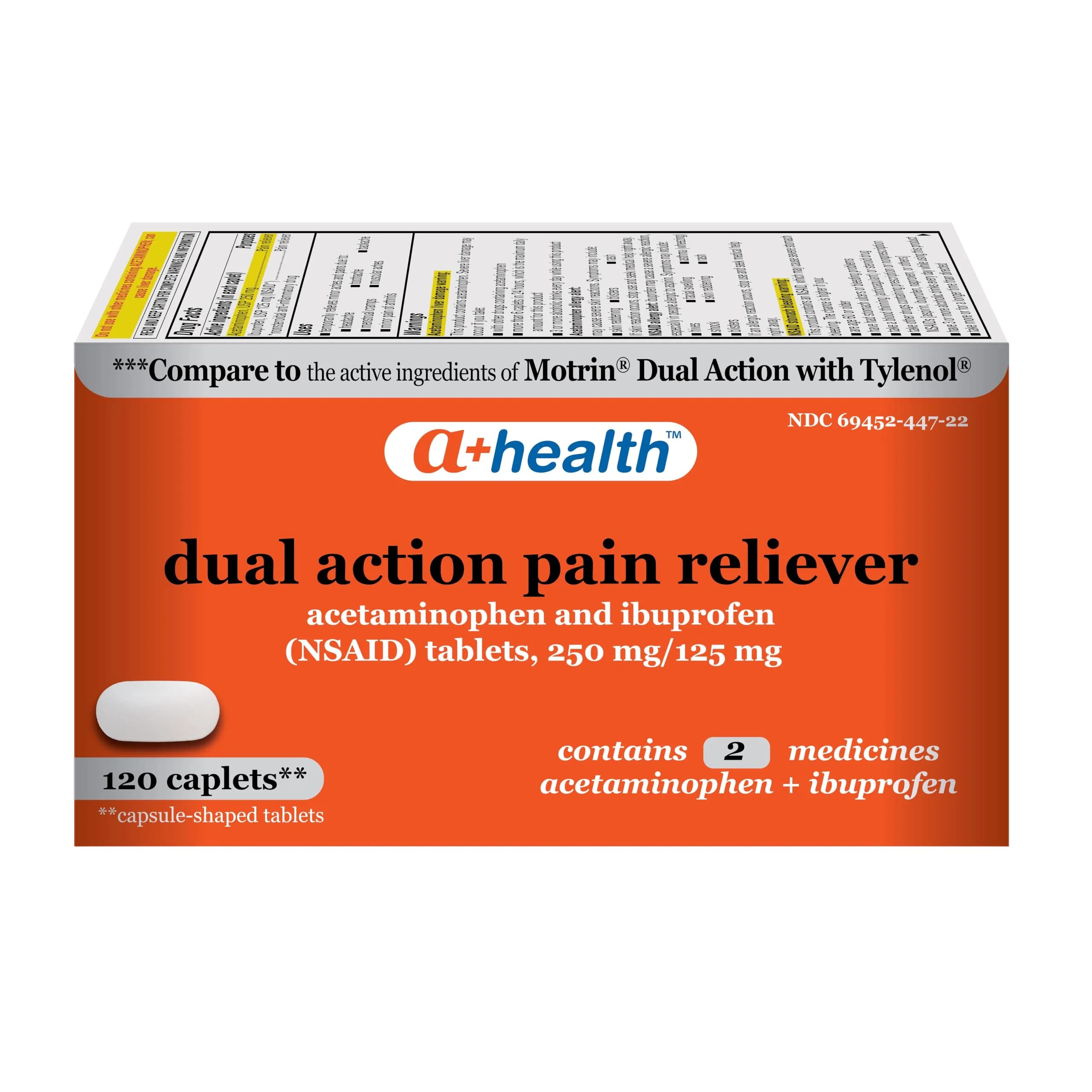 A+Health Dual Action Pain Relief Caplets 120 ct | Dye-Free, Fast-Acting, 8-Hour Relief — White