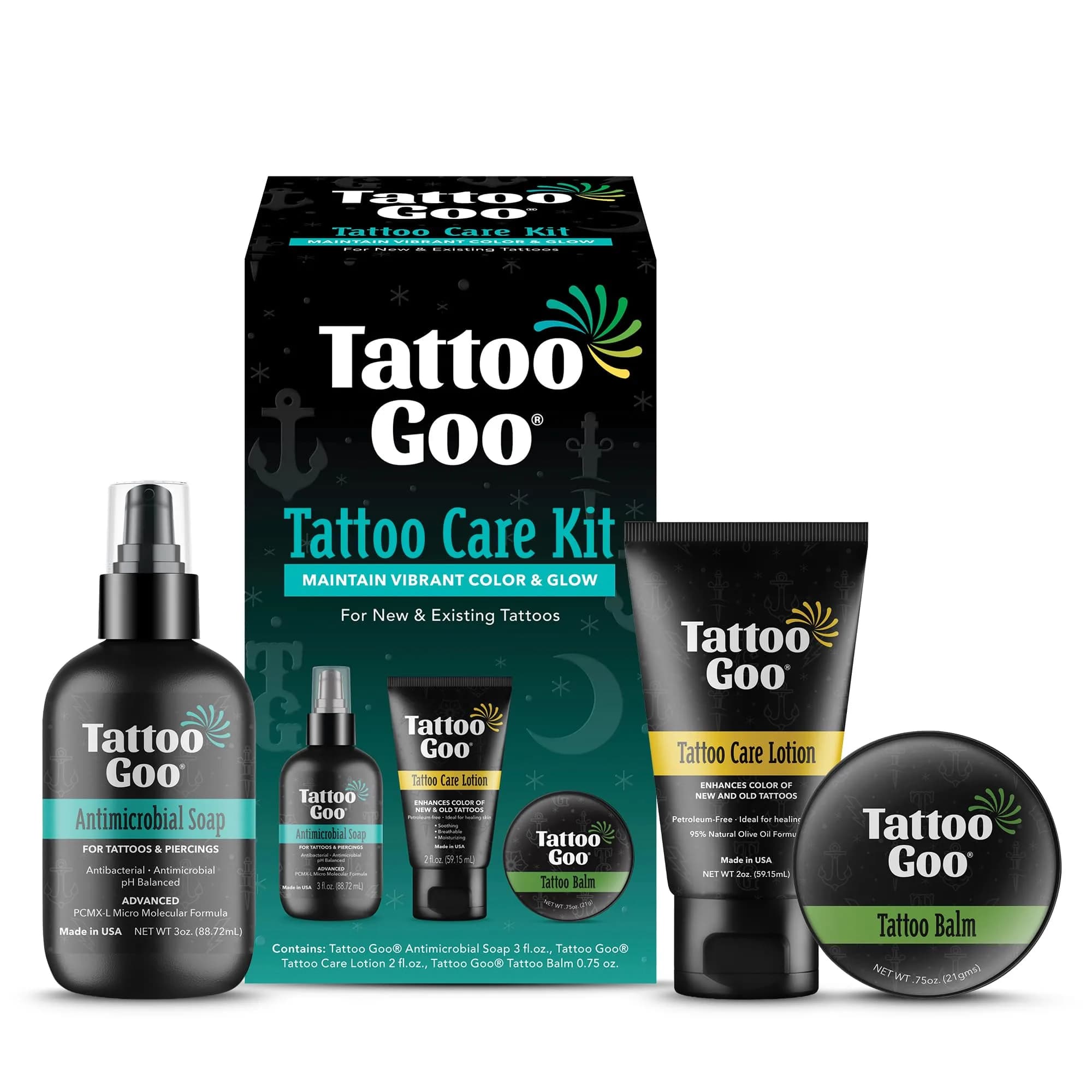 Tattoo Goo Tattoo Aftercare Kit, 3 Piece Set, Includes Antimicrobial Soap, Tattoo Balm & Healing Lotion, Complete Kit for Fresh Ink, Vibrant Colors & Glow — Tattoo Aftercare