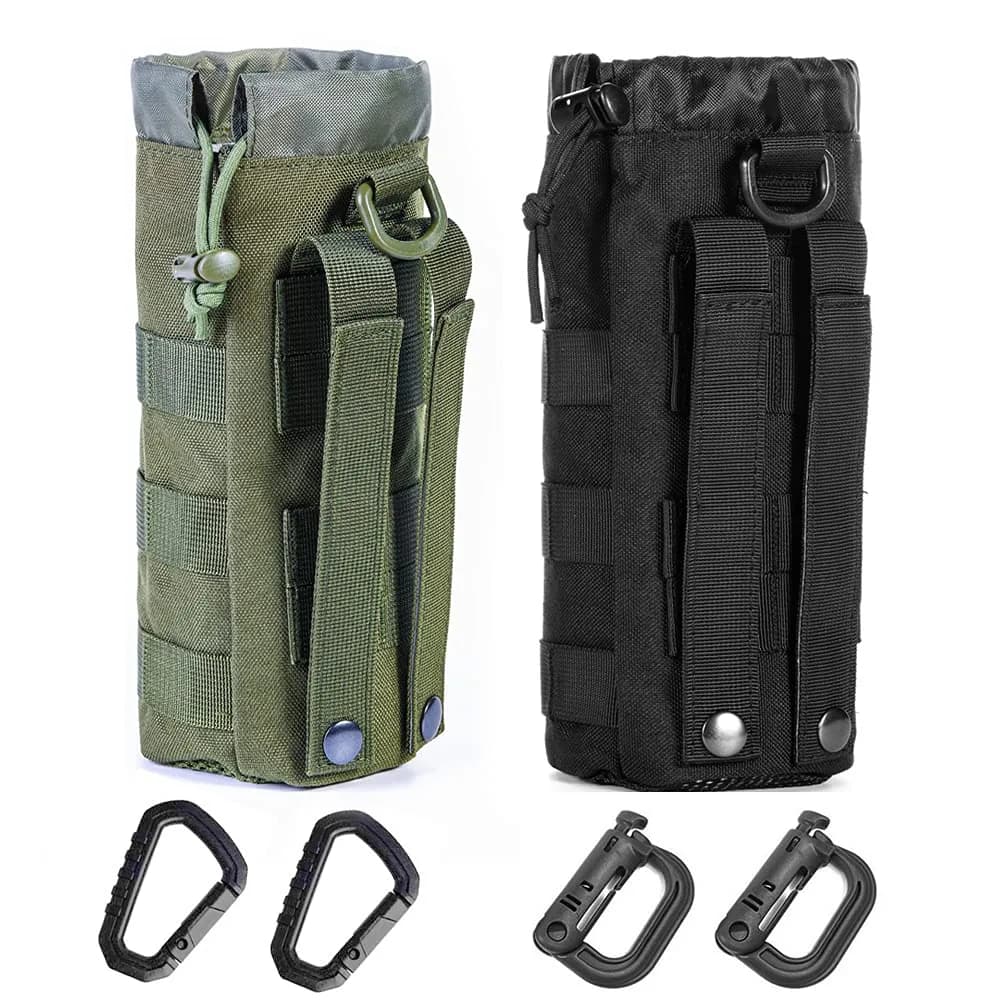 R.SASR Upgraded Tactical Drawstring Molle Water Bottle Holder Pouch (Black+Green, 2-Pack) - main product image