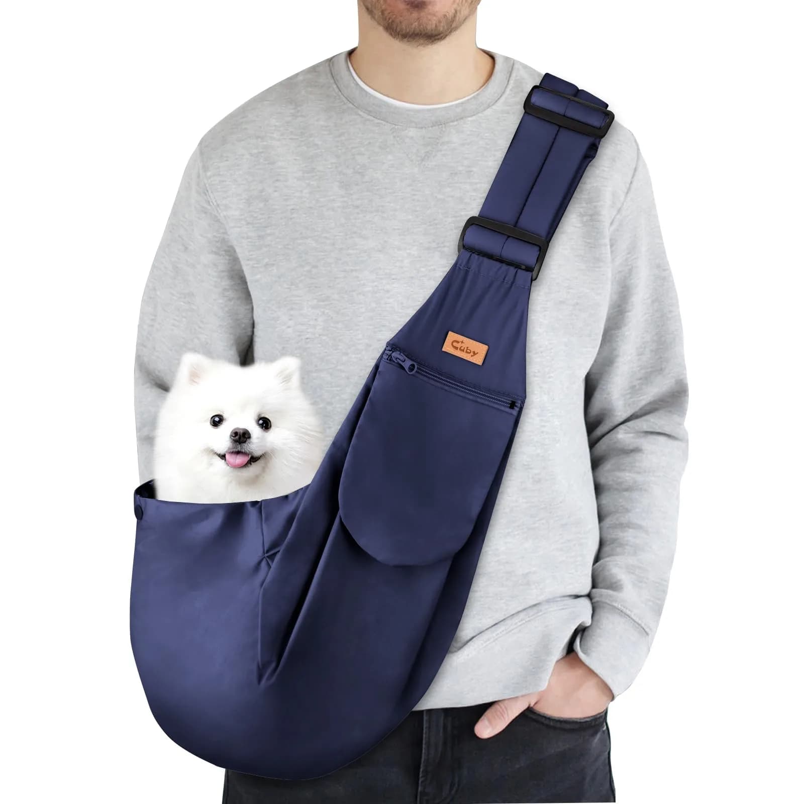 Cuby Dog and Cat Sling Carrier - Reversible Pet Papoose Bag, Adjustable, Suitable for Small Dogs & Cats, 13"L x 8"W x 2.9"H | Soft Cotton — Blue Classic