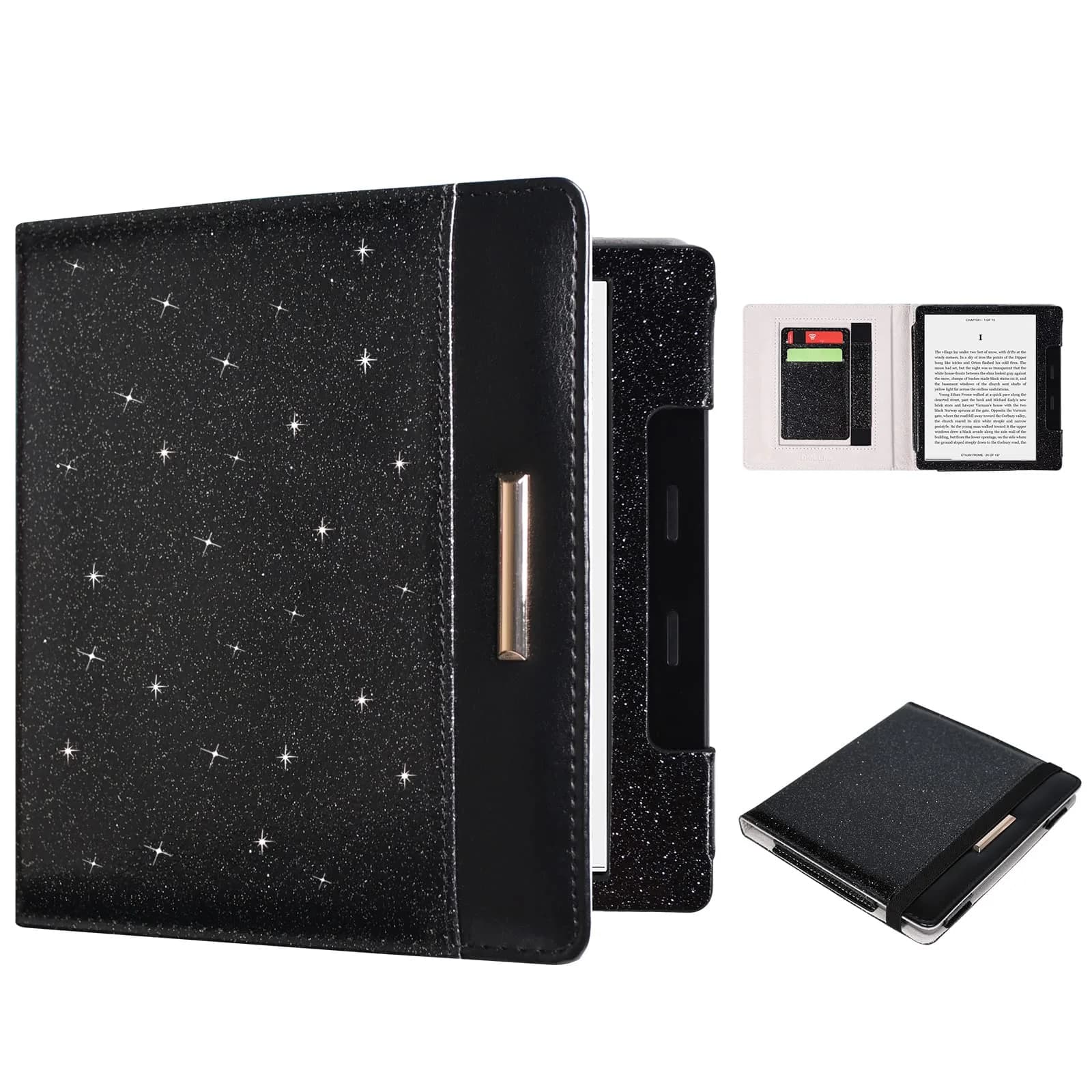 DMLuna Kindle Oasis Case, Fits 10th Gen 2019 & 9th Gen 2017, 7″, PU Leather Cover with Auto Sleep Wake, Card Slot, Hand Strap, Glitter Black | Premium Protection
