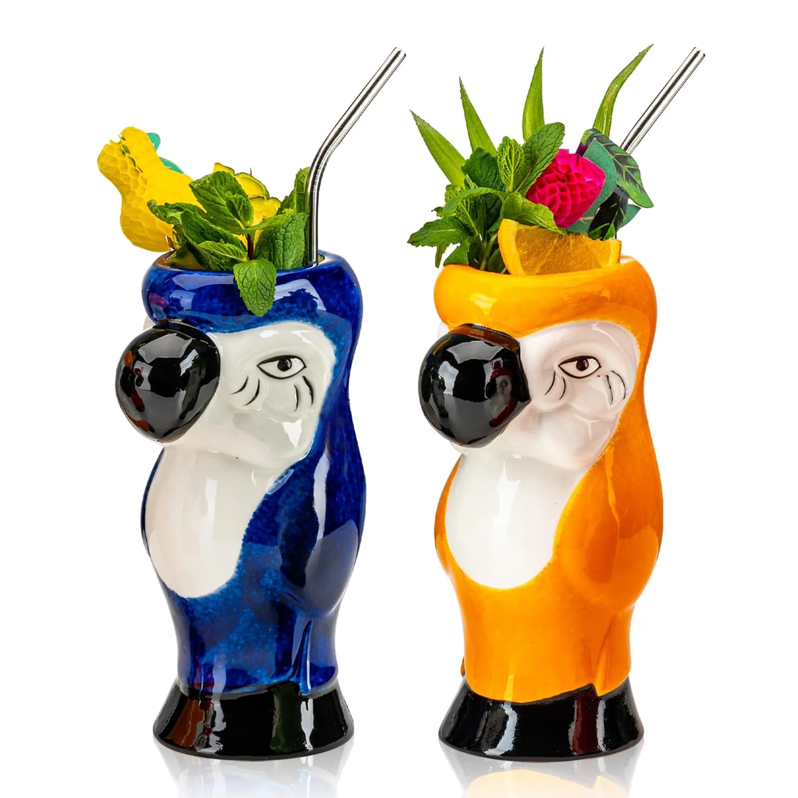 SUN GKOTTA Parrot Tiki Mugs Set of 2 - 25oz (740ml) Ceramic Cocktail Glasses | Fun Tropical Barware — 2 pcs Parrot tiki mugs