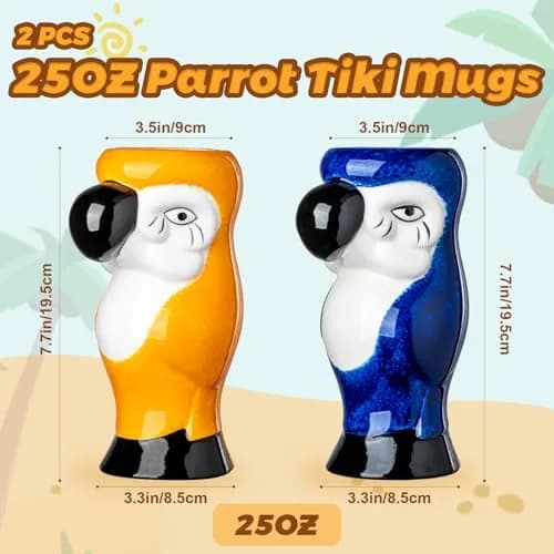 SUN GKOTTA Parrot Tiki Mugs Set of 2 - 25oz (740ml) Ceramic Cocktail Glasses | Fun Tropical Barware thumbnail 2