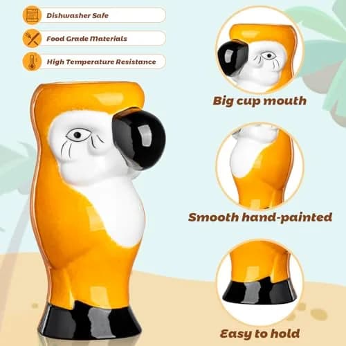 SUN GKOTTA Parrot Tiki Mugs Set of 2 - 25oz (740ml) Ceramic Cocktail Glasses | Fun Tropical Barware thumbnail 3