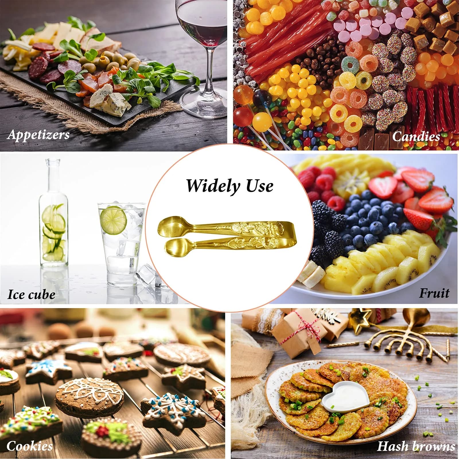 Sunenlyst Mini Serving Tongs 4.13 Inch (10.5 cm) Gold | 3-Piece Stainless Steel Appetizer Tongs - view 7