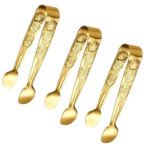 Sunenlyst Mini Serving Tongs 4.13 Inch (10.5 cm) Gold | 3-Piece Stainless Steel Appetizer Tongs thumbnail 1