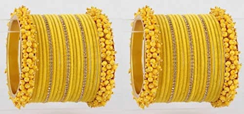 NMII Yellow Base Metal Zircon Gemstone & Velvet Bangle Set for Women & Girls, 2.4 Inches (Pack of 42) thumbnail 4