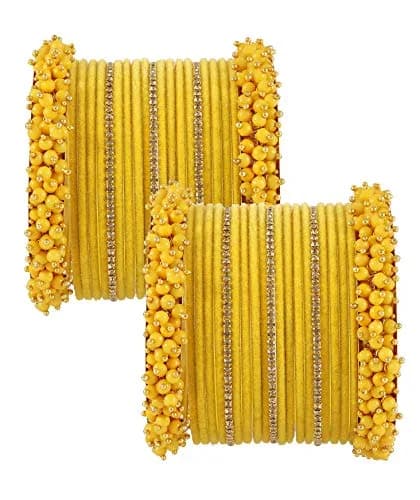 NMII Yellow Base Metal Zircon Gemstone & Velvet Bangle Set for Women & Girls, 2.4 Inches (Pack of 42) thumbnail 2