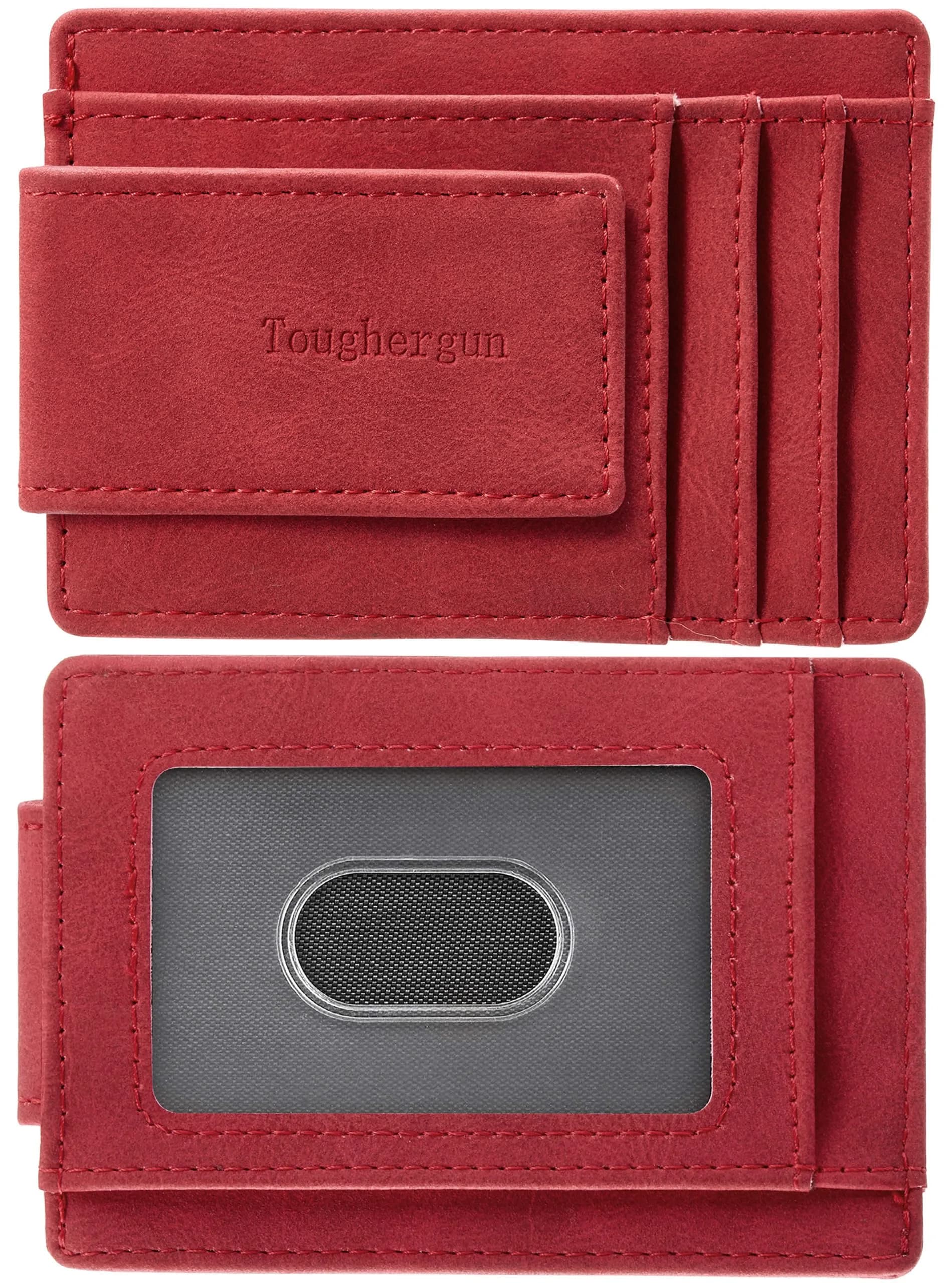 Toughergun Slim Wallet for Men RFID Blocking Money Clip, Minimalist Front Pocket Credit Card Holder, Magnetic Thin Mens Wallets with ID Window (Red) | Holds 7 Cards & 30 Bills