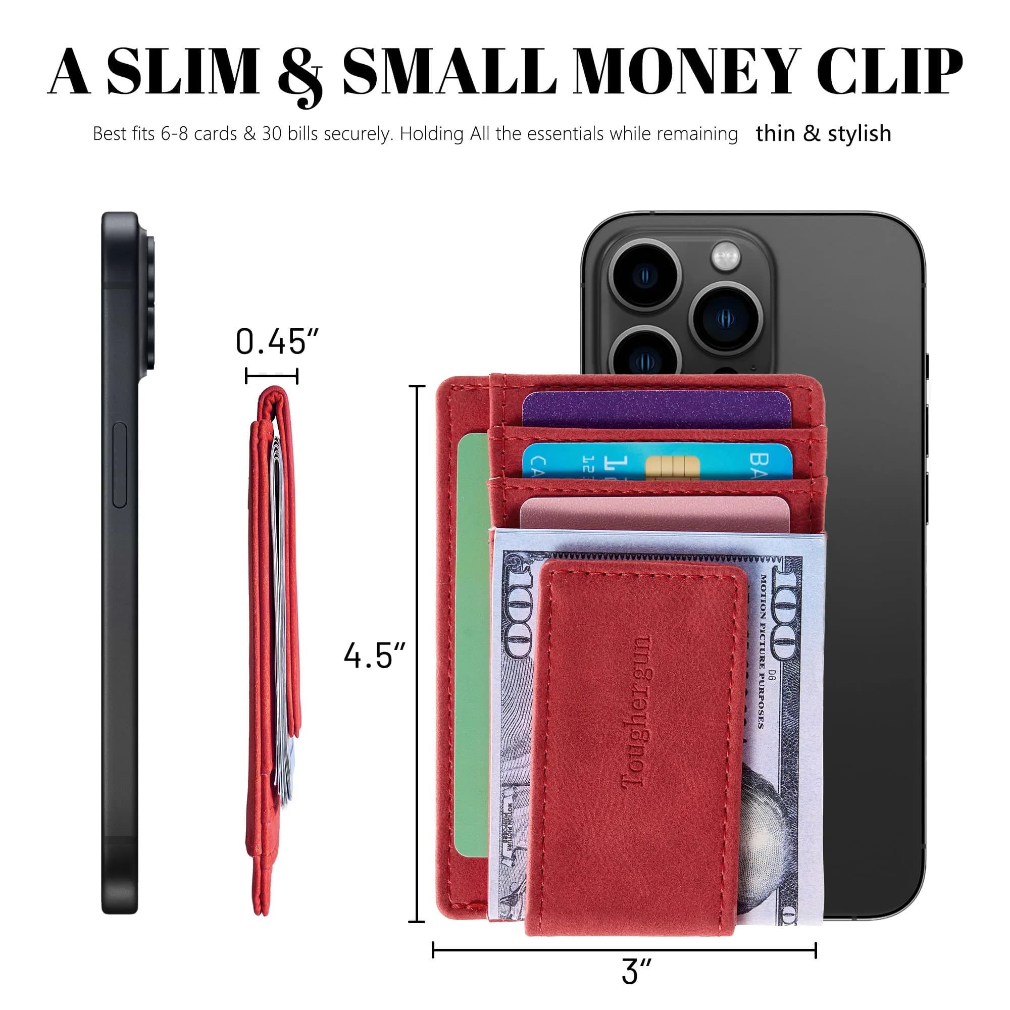 Toughergun Slim Wallet for Men RFID Blocking Money Clip, Minimalist Front Pocket Credit Card Holder, Magnetic Thin Mens Wallets with ID Window (Red) | Holds 7 Cards & 30 Bills - view 7