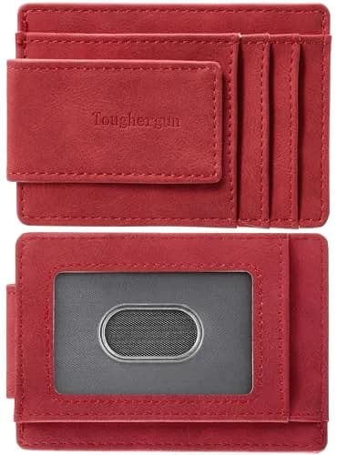 Toughergun Slim Wallet for Men RFID Blocking Money Clip, Minimalist Front Pocket Credit Card Holder, Magnetic Thin Mens Wallets with ID Window (Red) | Holds 7 Cards & 30 Bills thumbnail 1