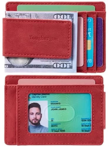 Toughergun Slim Wallet for Men RFID Blocking Money Clip, Minimalist Front Pocket Credit Card Holder, Magnetic Thin Mens Wallets with ID Window (Red) | Holds 7 Cards & 30 Bills thumbnail 2