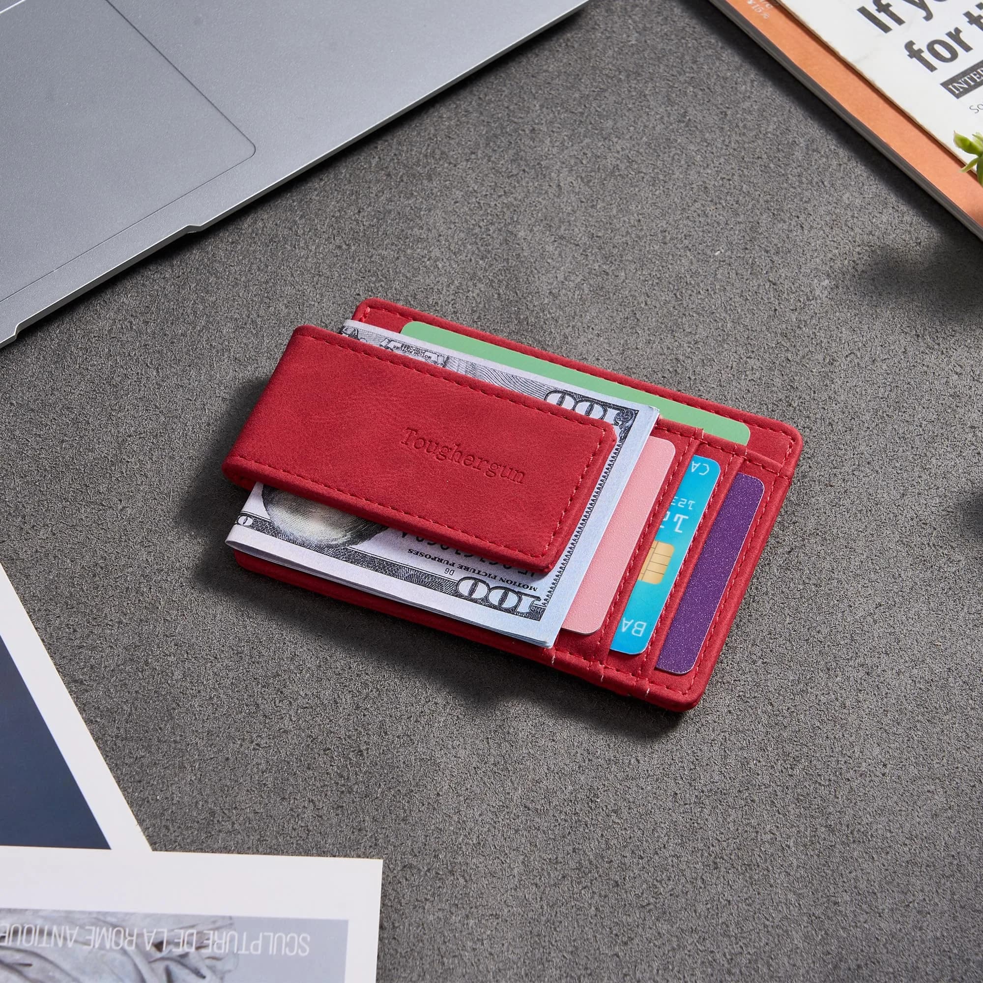 Toughergun Slim Wallet for Men RFID Blocking Money Clip, Minimalist Front Pocket Credit Card Holder, Magnetic Thin Mens Wallets with ID Window (Red) | Holds 7 Cards & 30 Bills - view 3