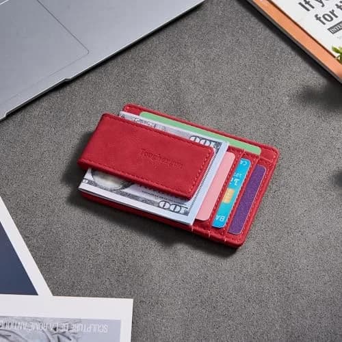 Toughergun Slim Wallet for Men RFID Blocking Money Clip, Minimalist Front Pocket Credit Card Holder, Magnetic Thin Mens Wallets with ID Window (Red) | Holds 7 Cards & 30 Bills thumbnail 3