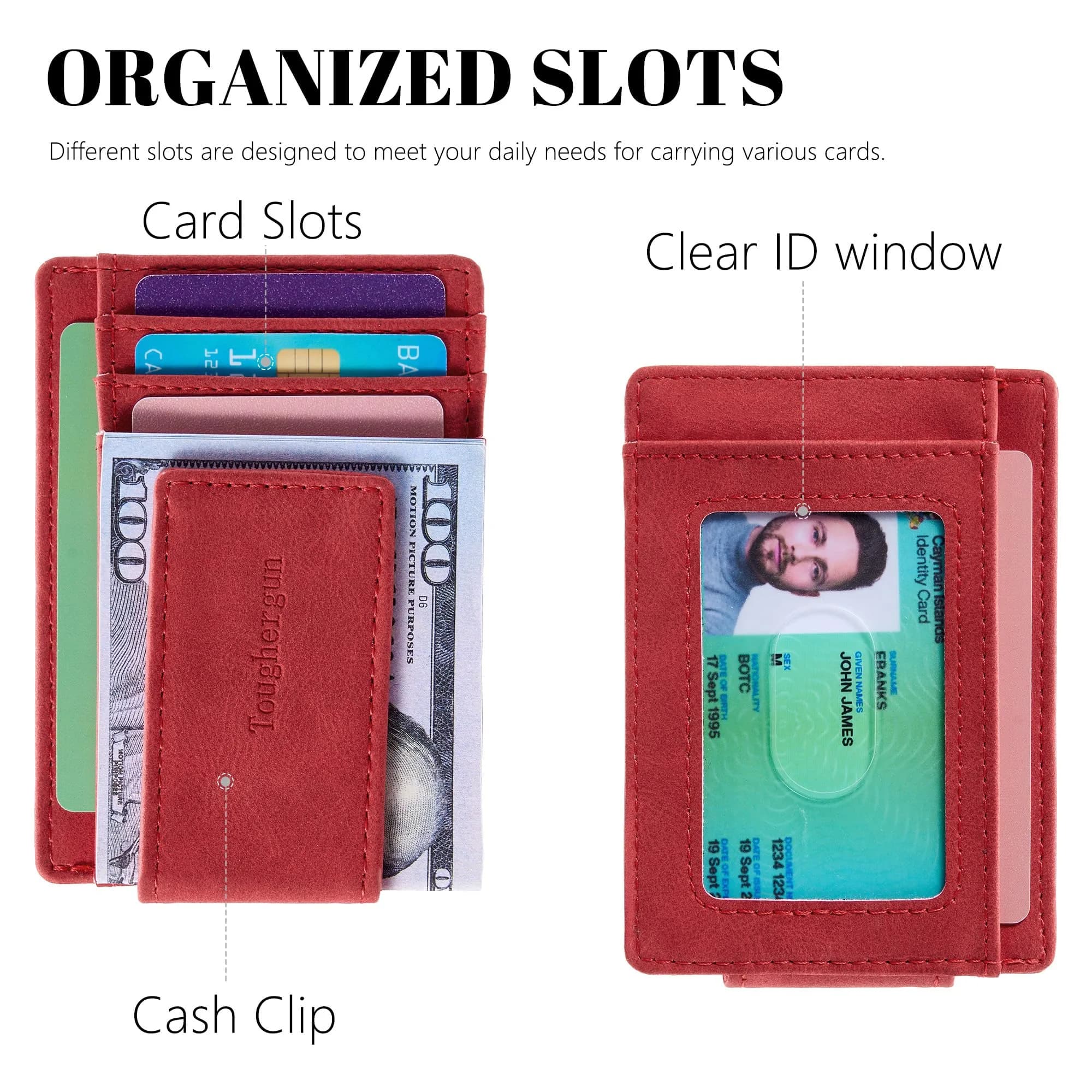 Toughergun Slim Wallet for Men RFID Blocking Money Clip, Minimalist Front Pocket Credit Card Holder, Magnetic Thin Mens Wallets with ID Window (Red) | Holds 7 Cards & 30 Bills - view 4
