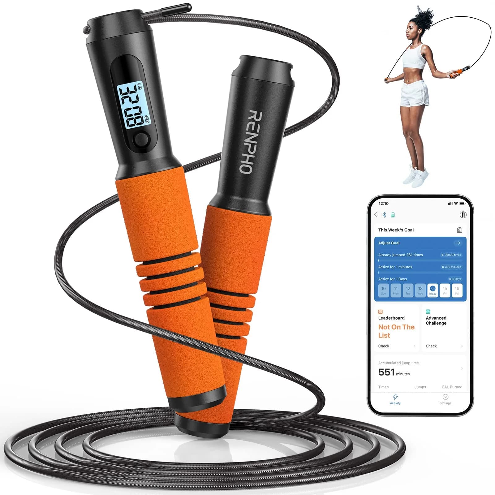 RENPHO Smart Jump Rope with Counter | App Data Tracking, LCD Display, Adjustable Length