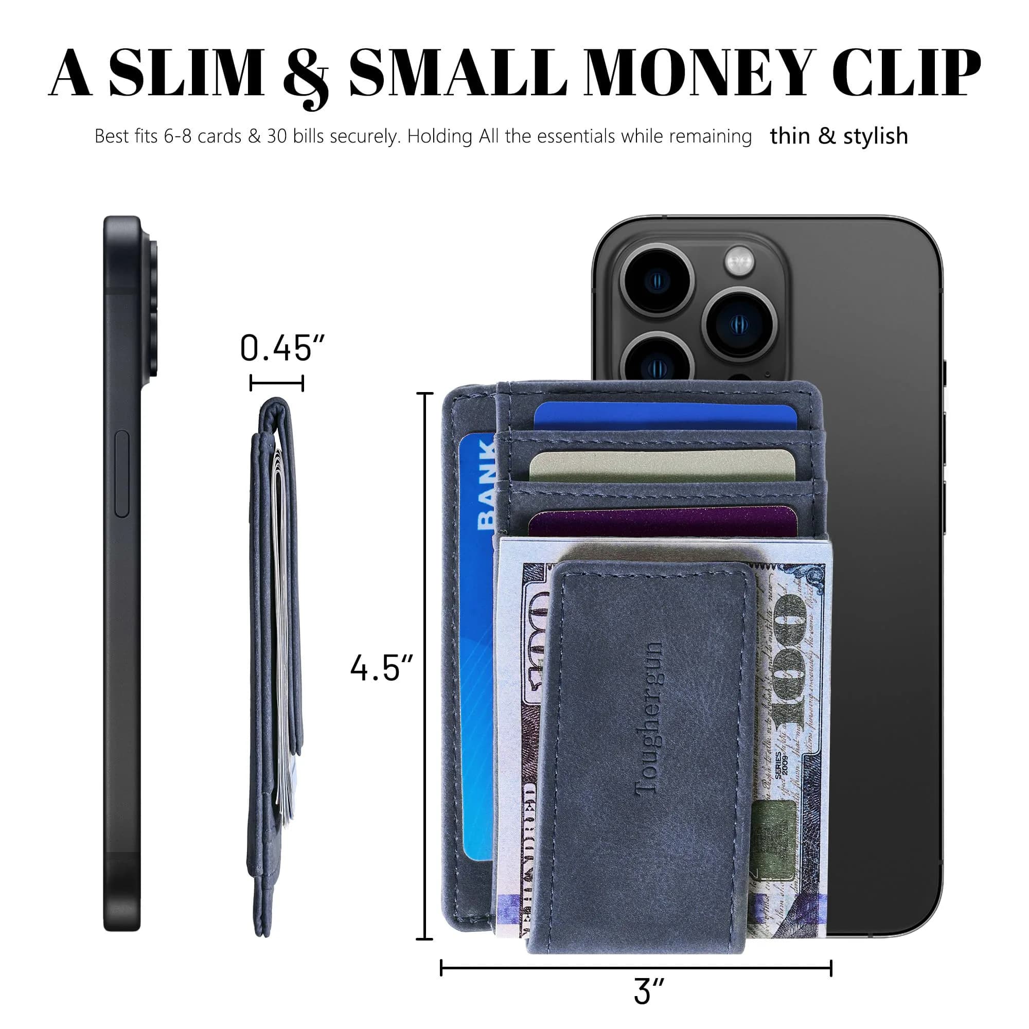 Toughergun Slim Wallet RFID Blocking Money Clip Navy Blue | Minimalist Front Pocket Credit Card Holder - view 7