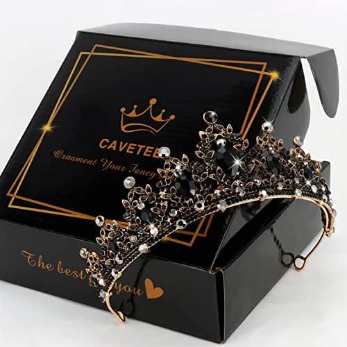 CAVETEE Gothic Crown Headpiece - Black Baroque Tiara with Vintage Rhinestones - Halloween & Bridal Occasions thumbnail 4