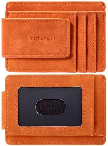 Toughergun Slim Wallet for Men RFID Blocking Money Clip, Minimalist Front Pocket Credit Card Holder, Magnetic Thin Mens Wallets with ID Window (Orange) thumbnail 1