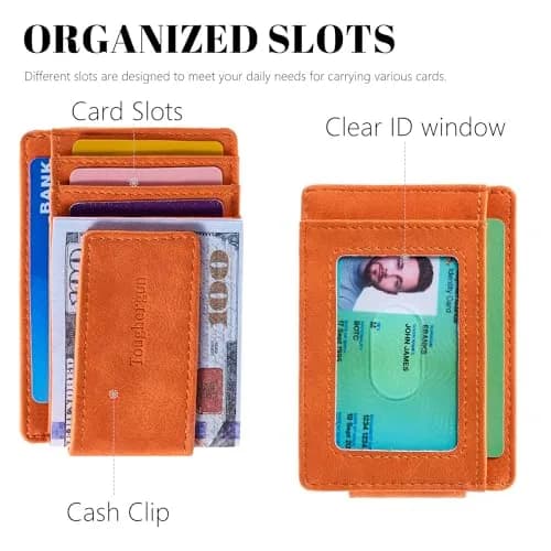 Toughergun Slim Wallet for Men RFID Blocking Money Clip, Minimalist Front Pocket Credit Card Holder, Magnetic Thin Mens Wallets with ID Window (Orange) thumbnail 4