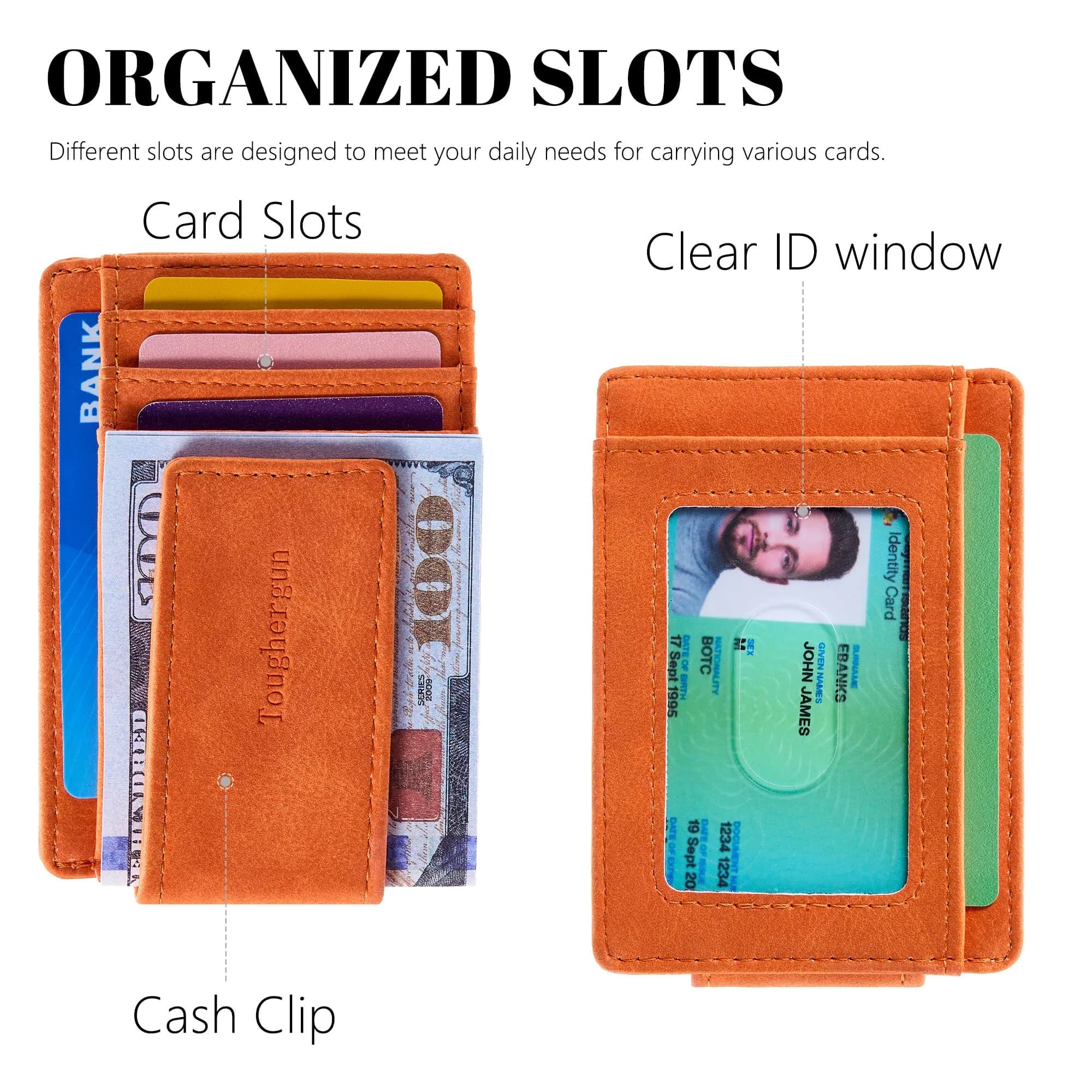 Toughergun Slim Wallet for Men RFID Blocking Money Clip, Minimalist Front Pocket Credit Card Holder, Magnetic Thin Mens Wallets with ID Window (Orange) - view 4