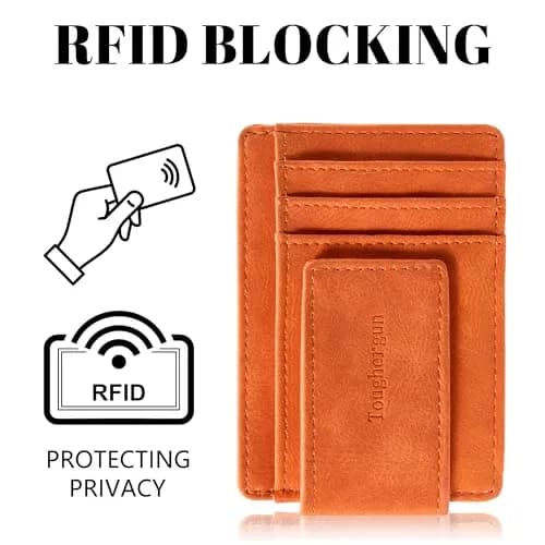 Toughergun Slim Wallet for Men RFID Blocking Money Clip, Minimalist Front Pocket Credit Card Holder, Magnetic Thin Mens Wallets with ID Window (Orange) thumbnail 6