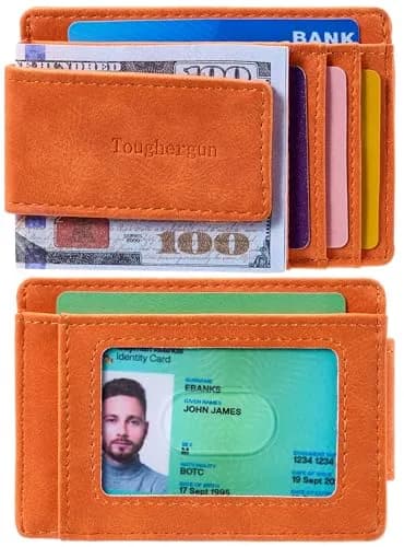 Toughergun Slim Wallet for Men RFID Blocking Money Clip, Minimalist Front Pocket Credit Card Holder, Magnetic Thin Mens Wallets with ID Window (Orange) thumbnail 2