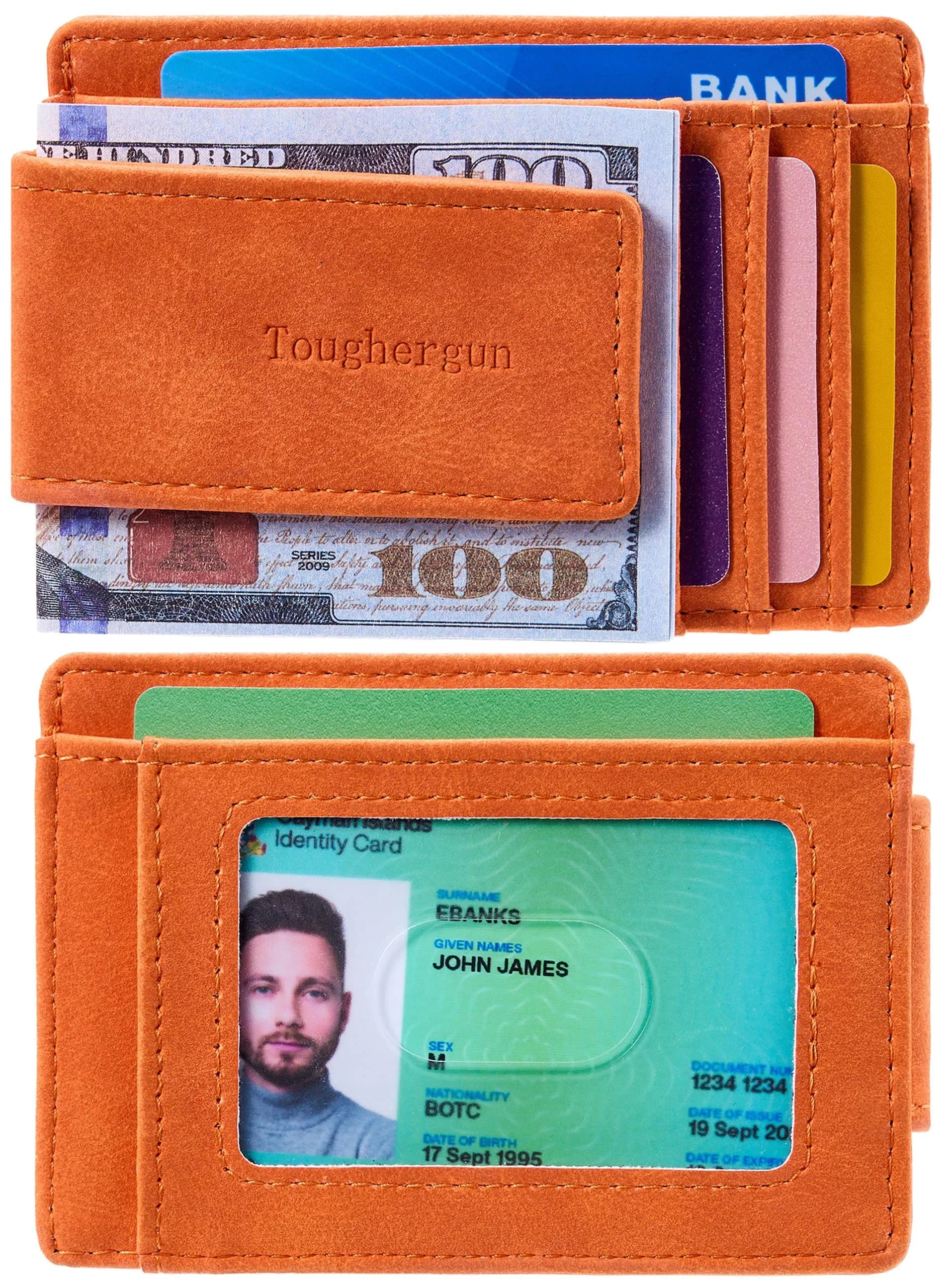 Toughergun Slim Wallet for Men RFID Blocking Money Clip, Minimalist Front Pocket Credit Card Holder, Magnetic Thin Mens Wallets with ID Window (Orange) - view 2