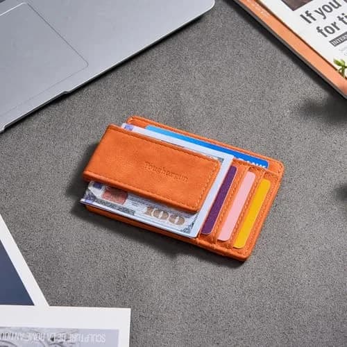 Toughergun Slim Wallet for Men RFID Blocking Money Clip, Minimalist Front Pocket Credit Card Holder, Magnetic Thin Mens Wallets with ID Window (Orange) thumbnail 3