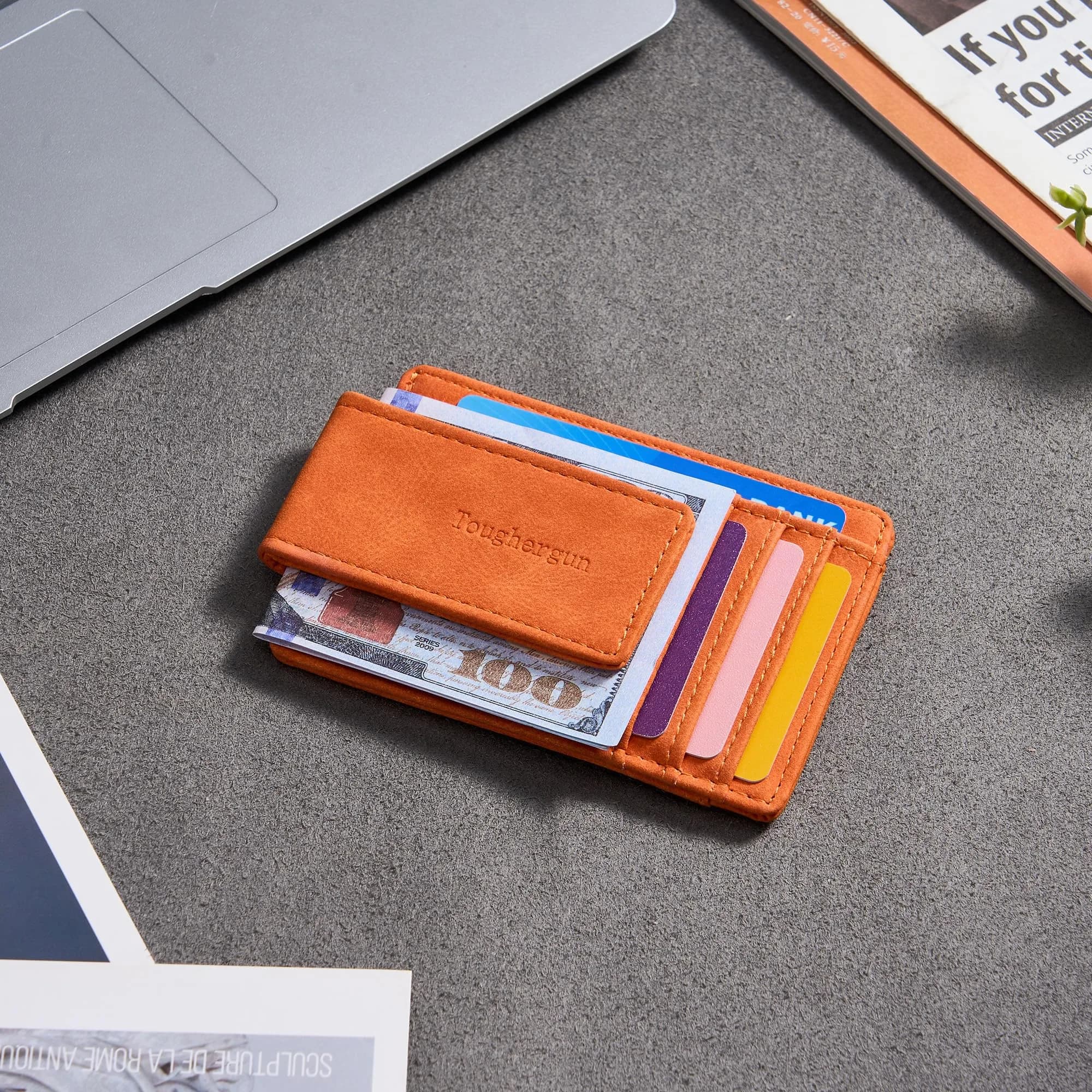 Toughergun Slim Wallet for Men RFID Blocking Money Clip, Minimalist Front Pocket Credit Card Holder, Magnetic Thin Mens Wallets with ID Window (Orange) - view 3