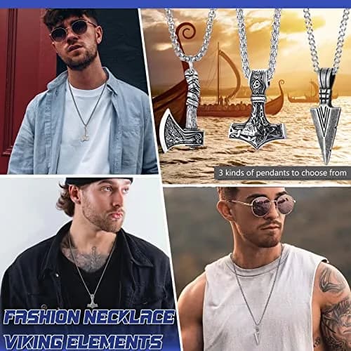VNOX 3 Pcs Norse Viking Necklace for Men Thors Hammer & Viking Amulet | Durable Stainless Steel, 24 Inch Chains thumbnail 2